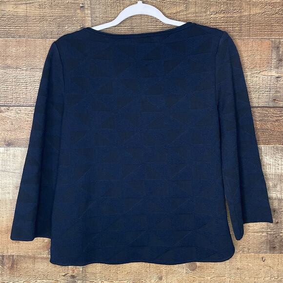 St. John Textured Cropped Sleeve Top Wool Blend Navy Blue Size Small - Picture 7 of 9